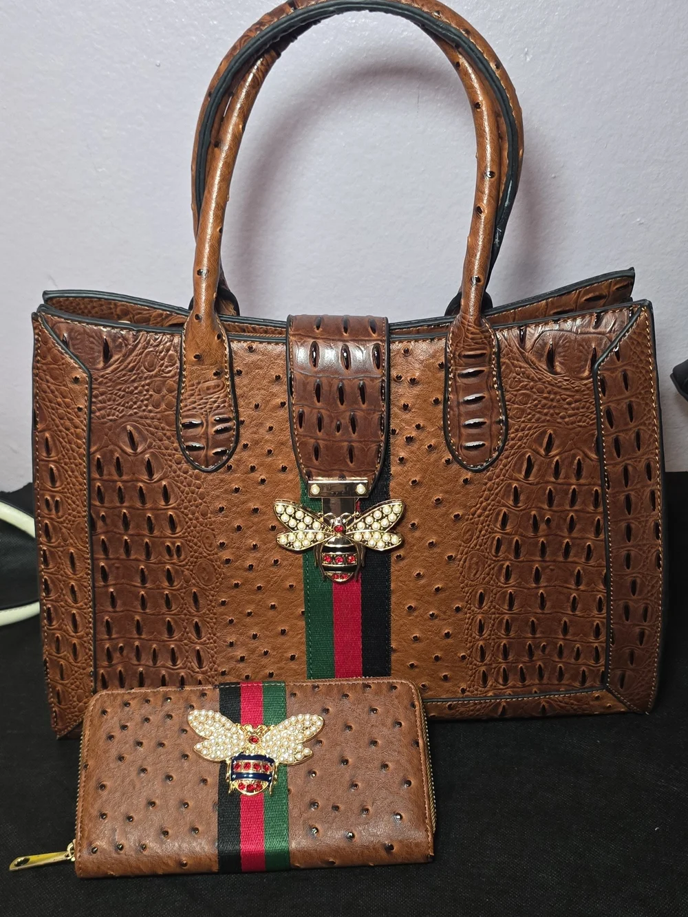 Brown Croc-Embossed Satchel with Bee Accent